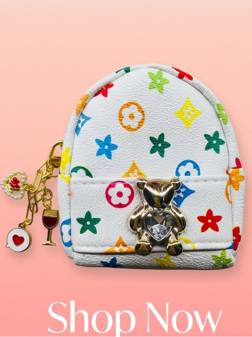 White Multicolor Teddy Charm Coin Purse